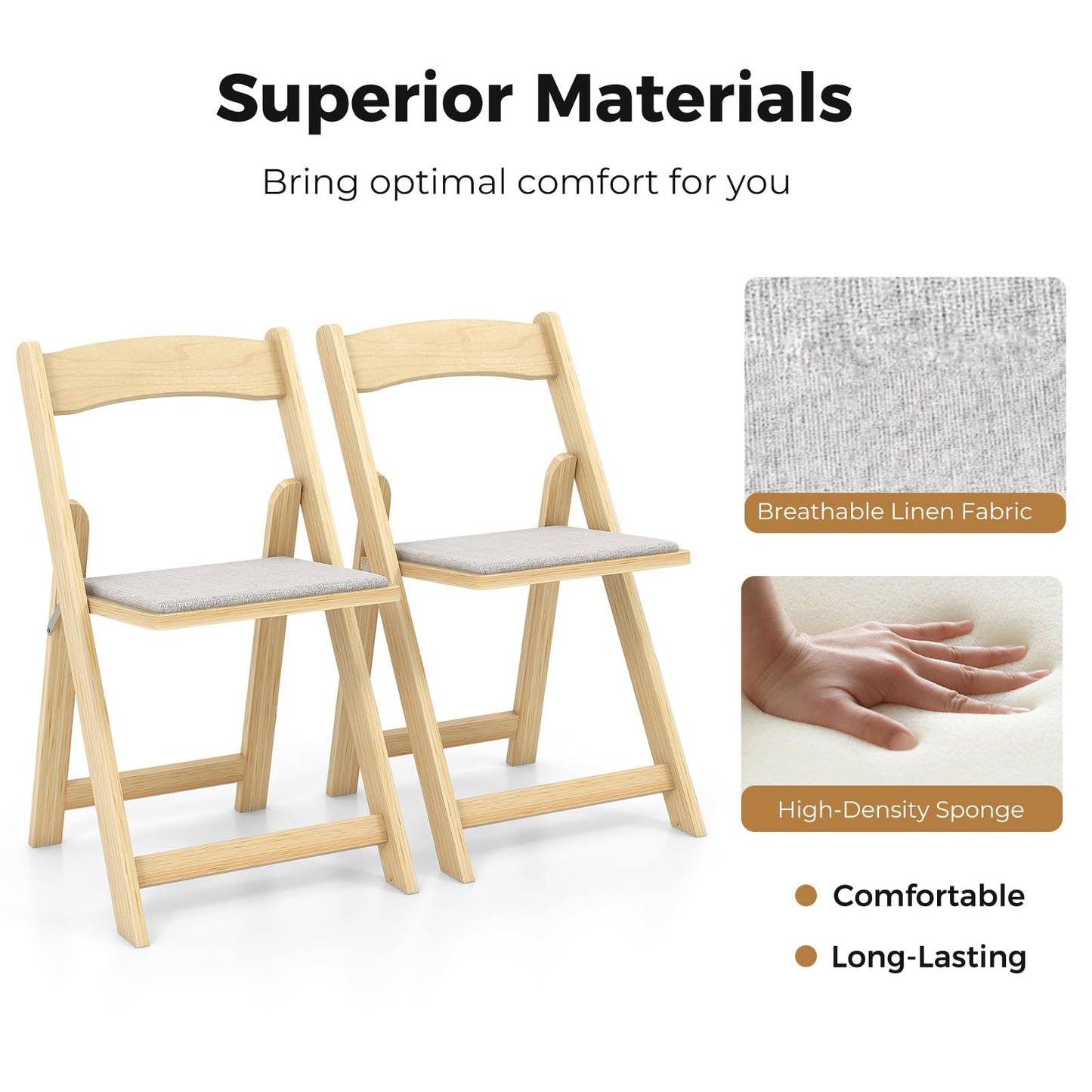 Set of 2 Foldable Kitchen Chair with Rubber Wood Legs and Padded Seat