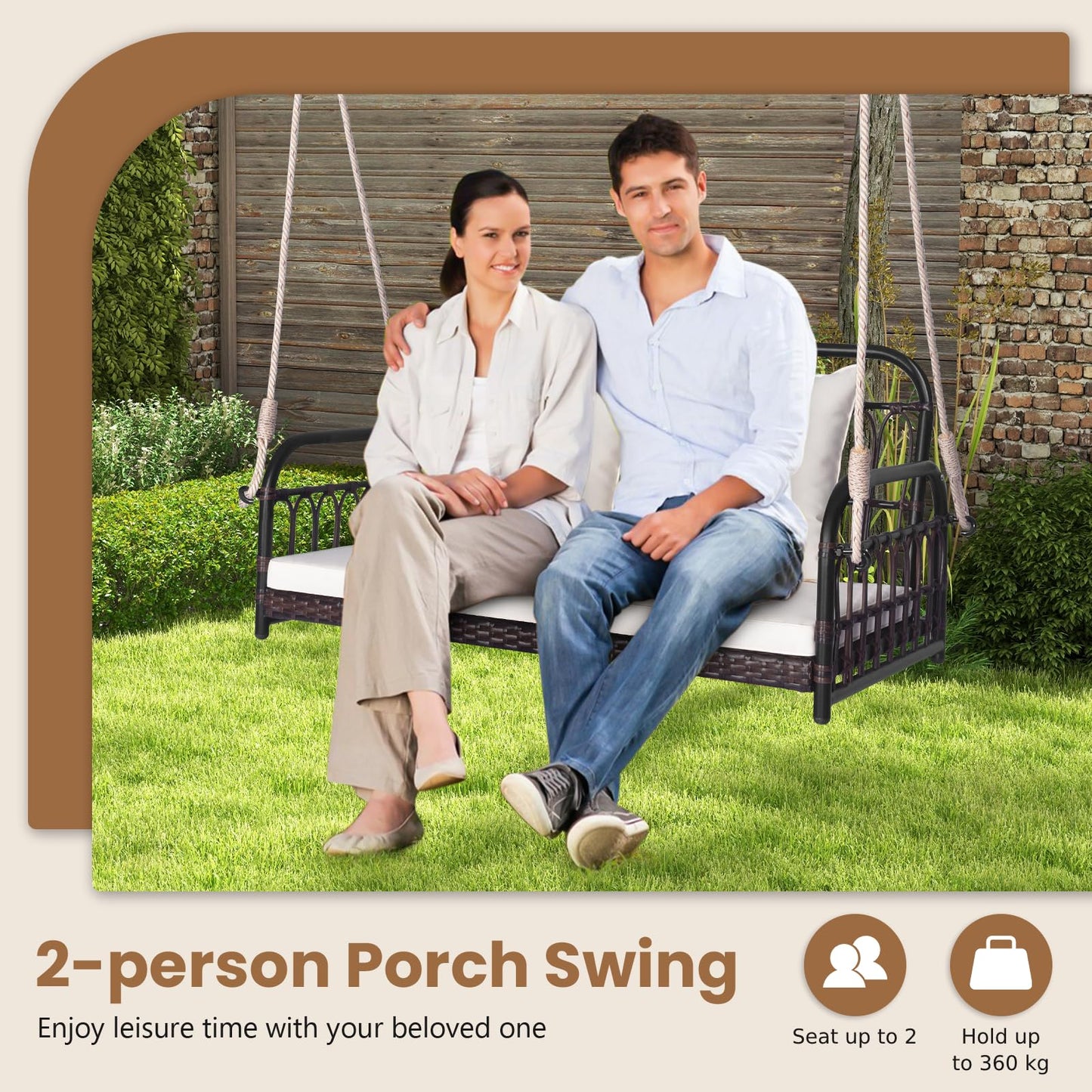 2-Person Outdoor Patio Hanging Chair with Cushions for Garden, Backyard