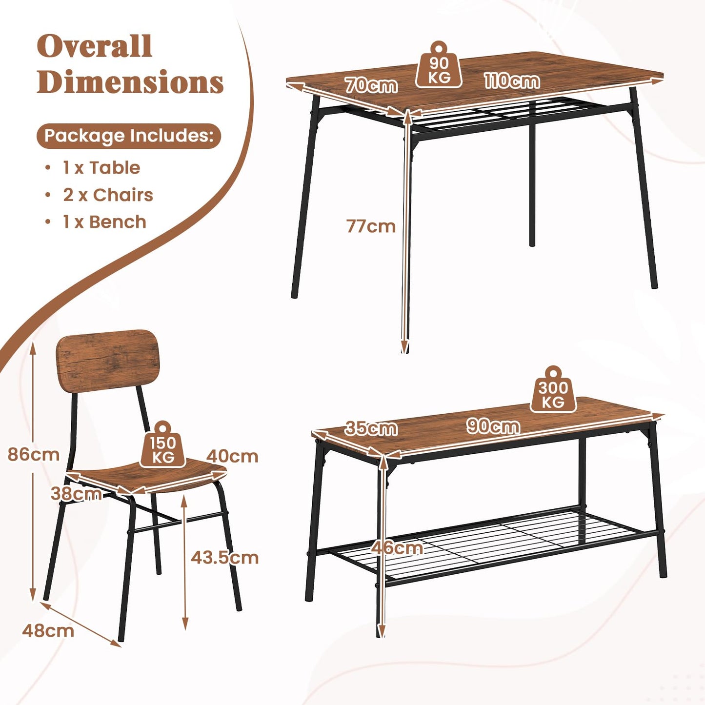 4 Piece Dining Table Set Metal with Bench and Storage Racks