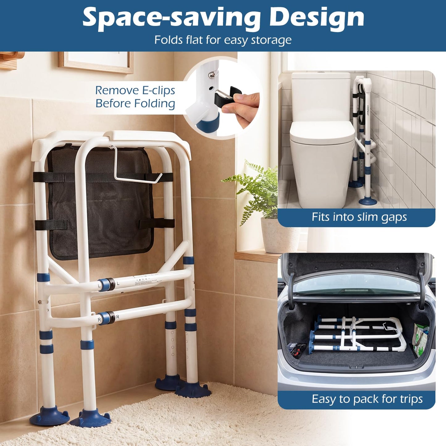 Adjustable Height and Width Toilet Safety Rails with Non-Slip Grip and Suction Legs