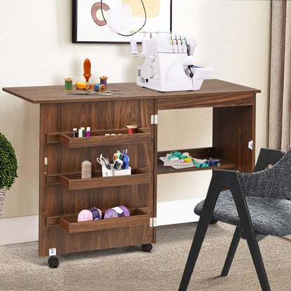 2-in-1 Rolling Folding Sewing Table with Storage Shelves and Lockable Casters