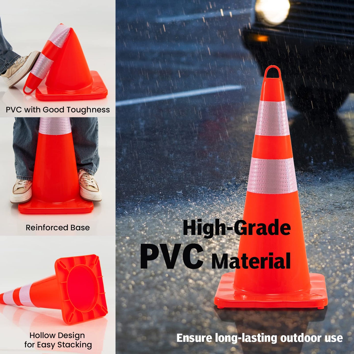10/12 Pack 69cm Traffic Cones, Self Weighted Orange Road Safety Cones with Reflective Collars