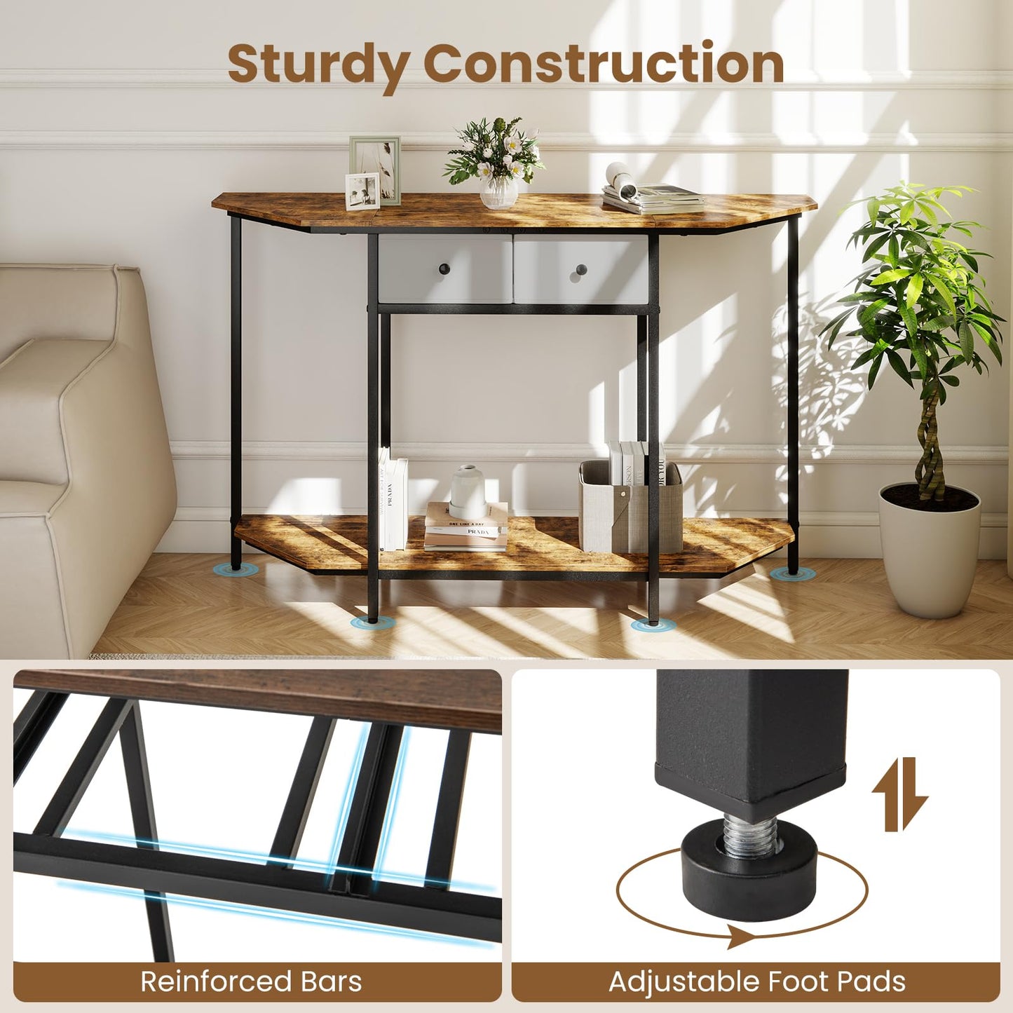 2-Tier Console Table Industrial Narrow Sofa Side Table with 2 Drawers and Shelf