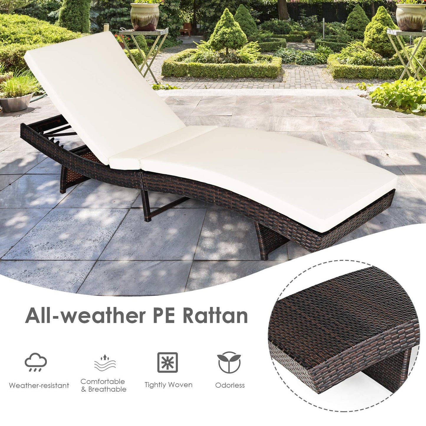 Outdoor Adjustable Folding Chaise Lounge with Removable Thick Cushion