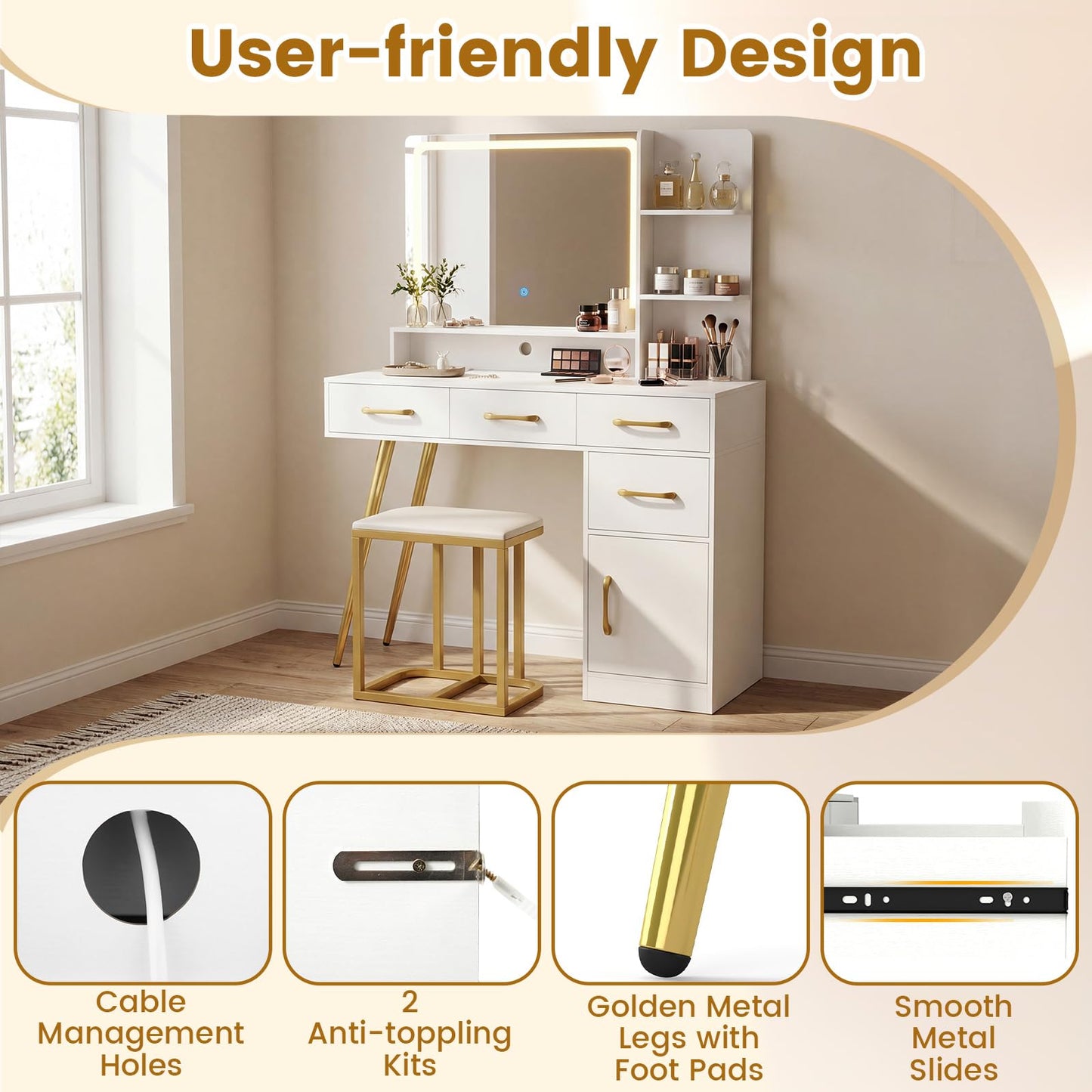 Dressing Table with LED Mirror and Stool, Makeup Table Vanity Desk Set