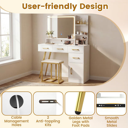 Dressing Table with LED Mirror and Stool, Makeup Table Vanity Desk Set