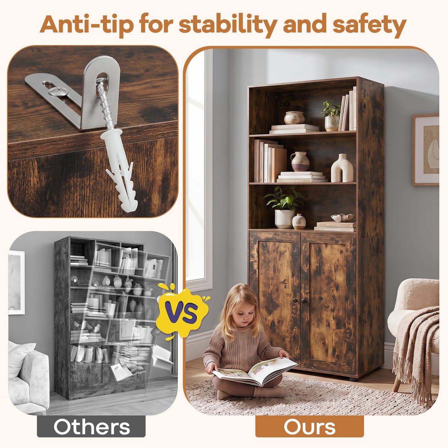 181 CM Tall Bookcase with 3 Shelves and Adjustable Shelf for Home Office