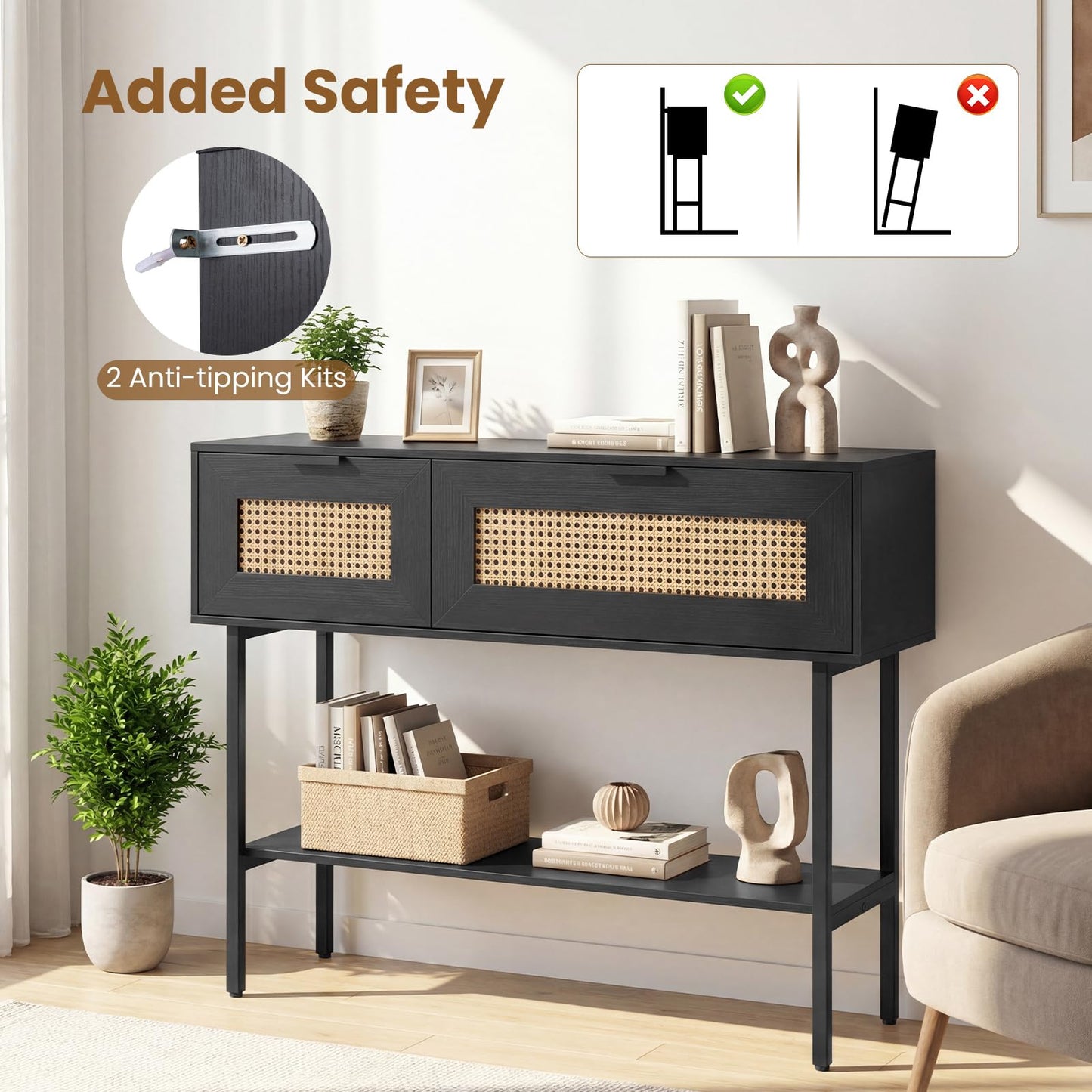 Rattan Console Table Boho Entryway Table with Flip Doors