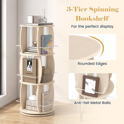 3-Tier 360° Spinning Bookshelf Tower with Display Stands for Small Spaces