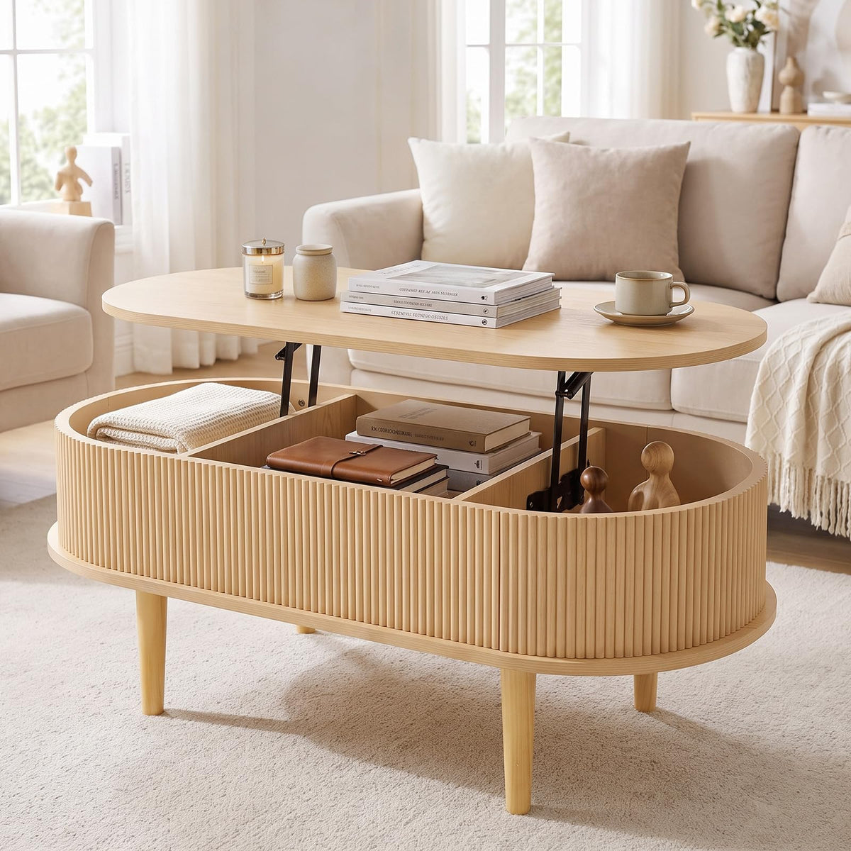 Oval Lift Top Coffee Table with Storage Fluted Design and Raised Wood Feet