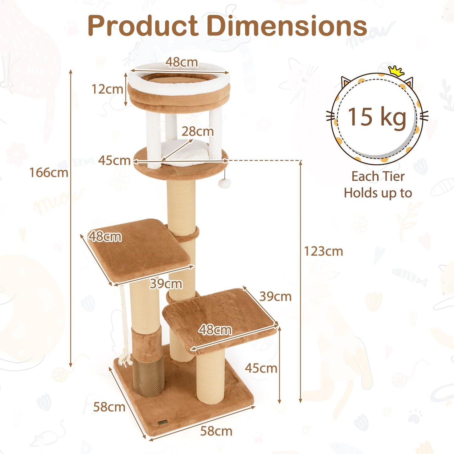 166 cm Tall Cat Tree with Self-groomer and Removable Cat Bed