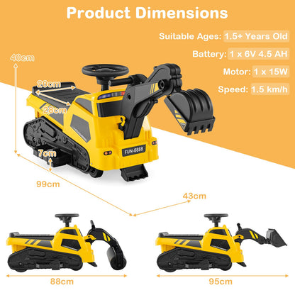 6V Electric Toy Bulldozer Excavator with Adjustable Arms Music