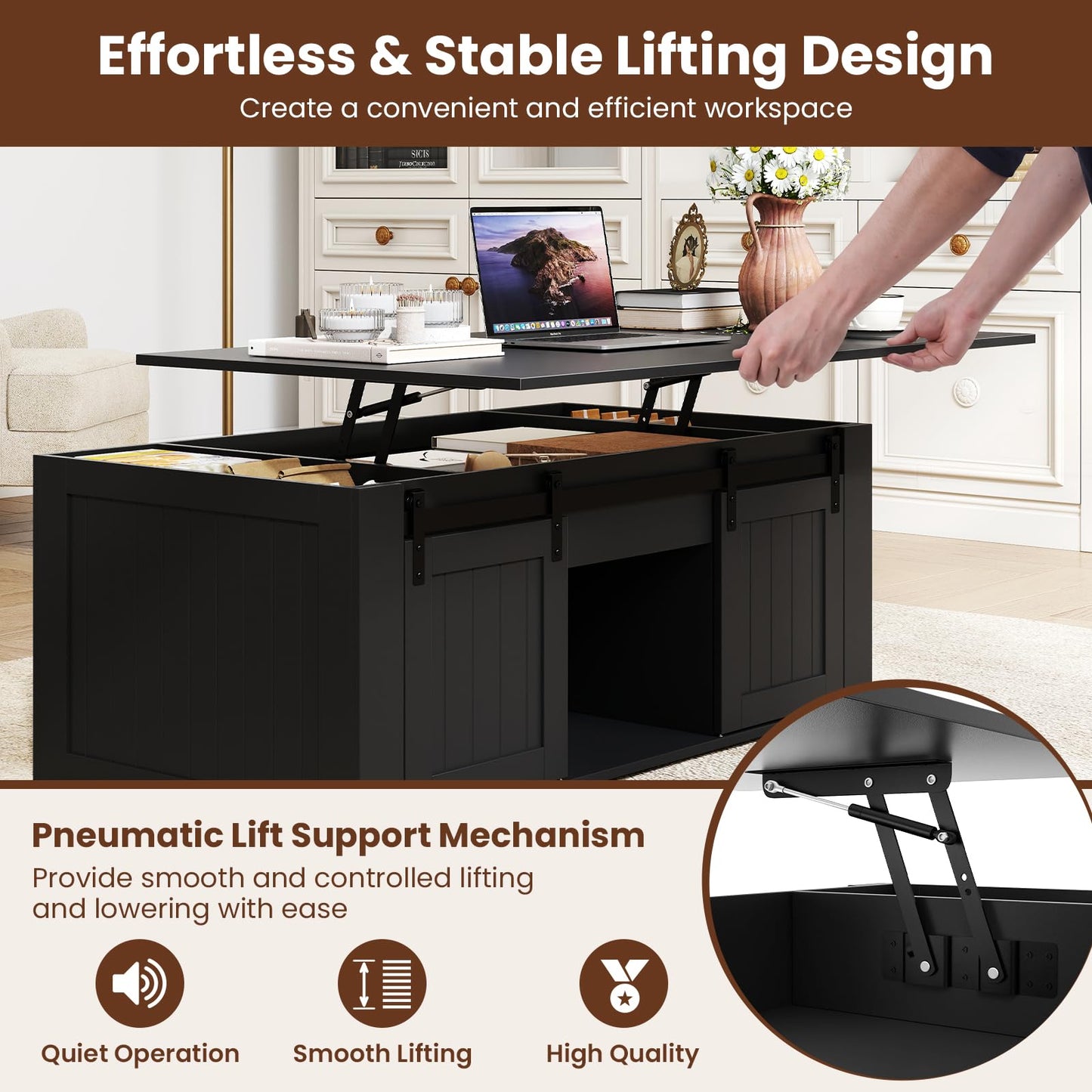 Lift Up Top Coffee Table, 120cm Farmhouse Tea Table
