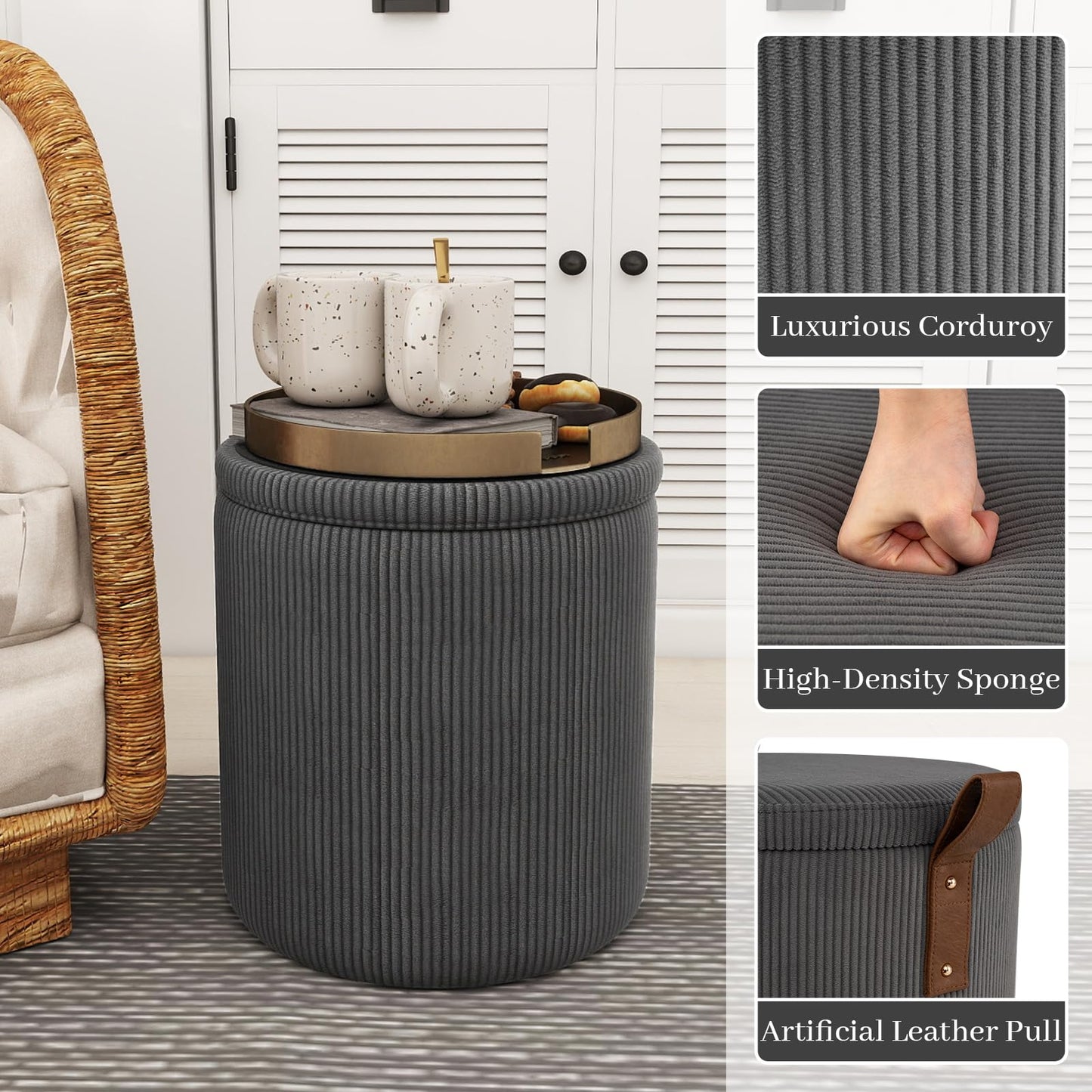 Round Ottoman with Storage Set of 2 with Removable Lids and Padded Seats