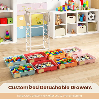 8 Drawers Storage Trolley with Wooden Top & Foldable Side Panels