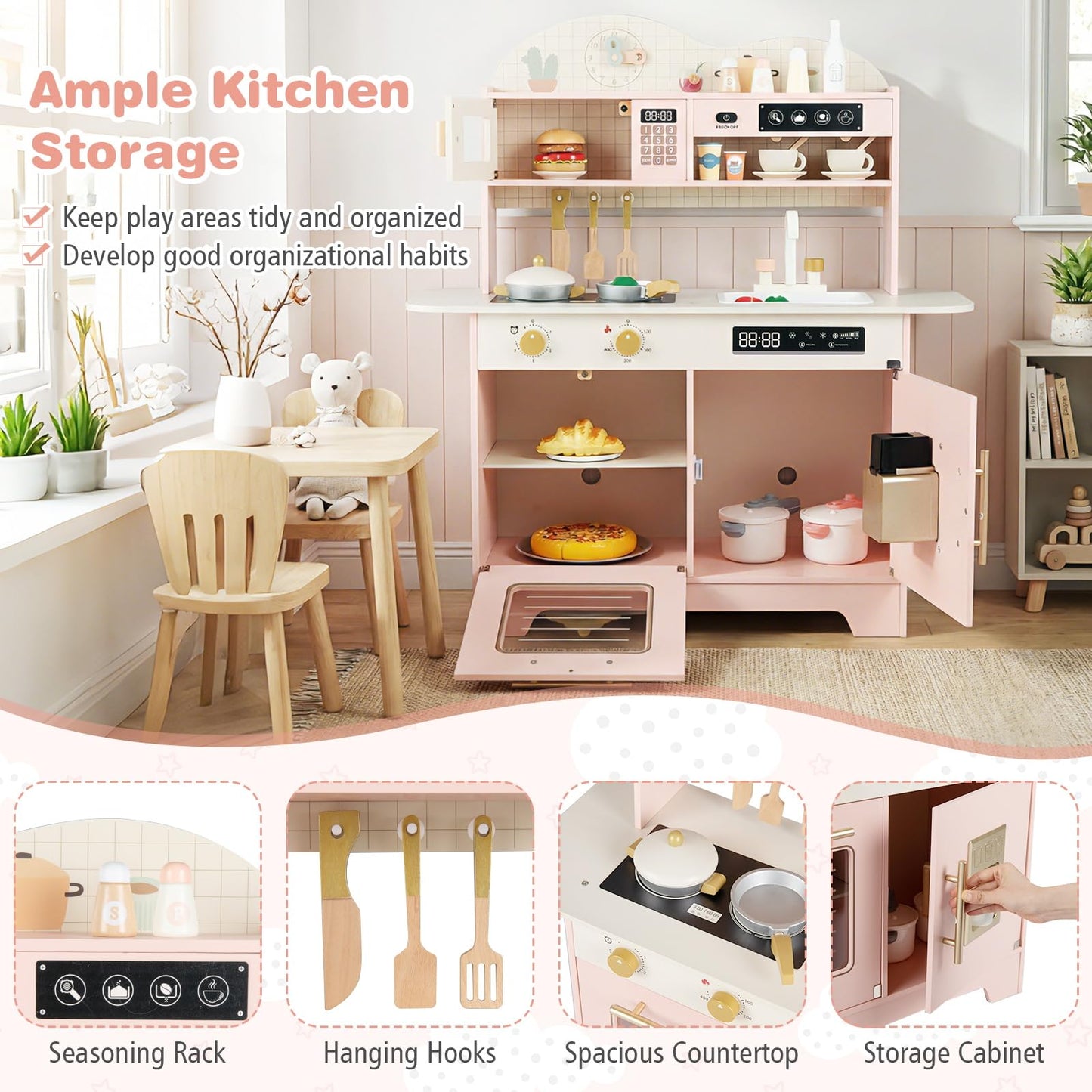 Wooden Toy Kitchen, Kids Pretend Play Kitchen with 17 Pcs Accessories