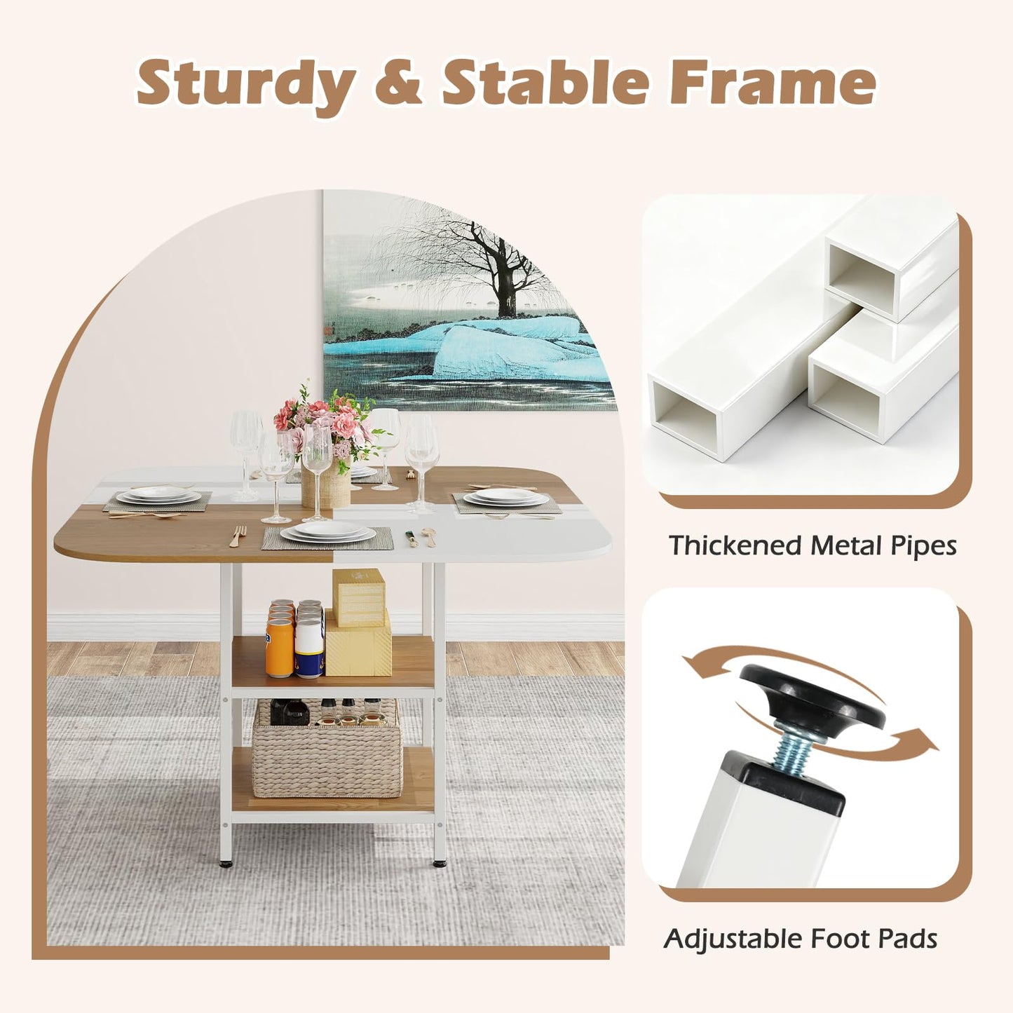 Dining Table for 4, 120 x 120cm Square Wooden Kitchen Tables with 2-Layer Storage Rack