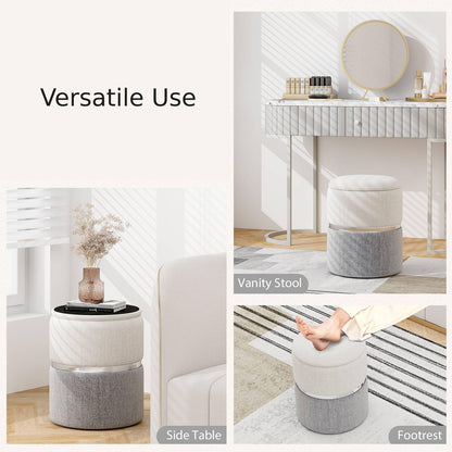 Modern Round Linen Fabric Storage Ottoman Set of 2