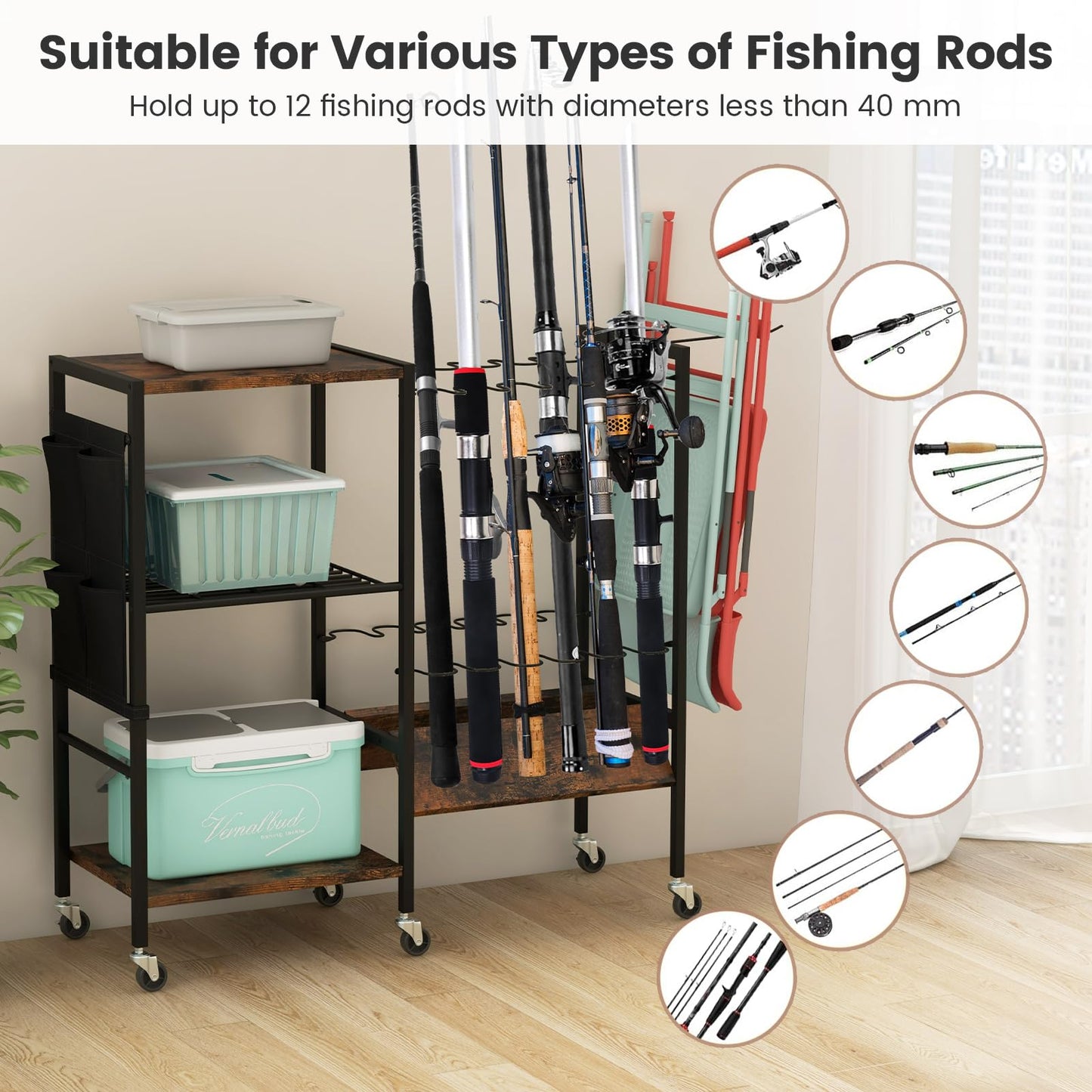 Fishing Rod Holder with Lockable Universal Wheels