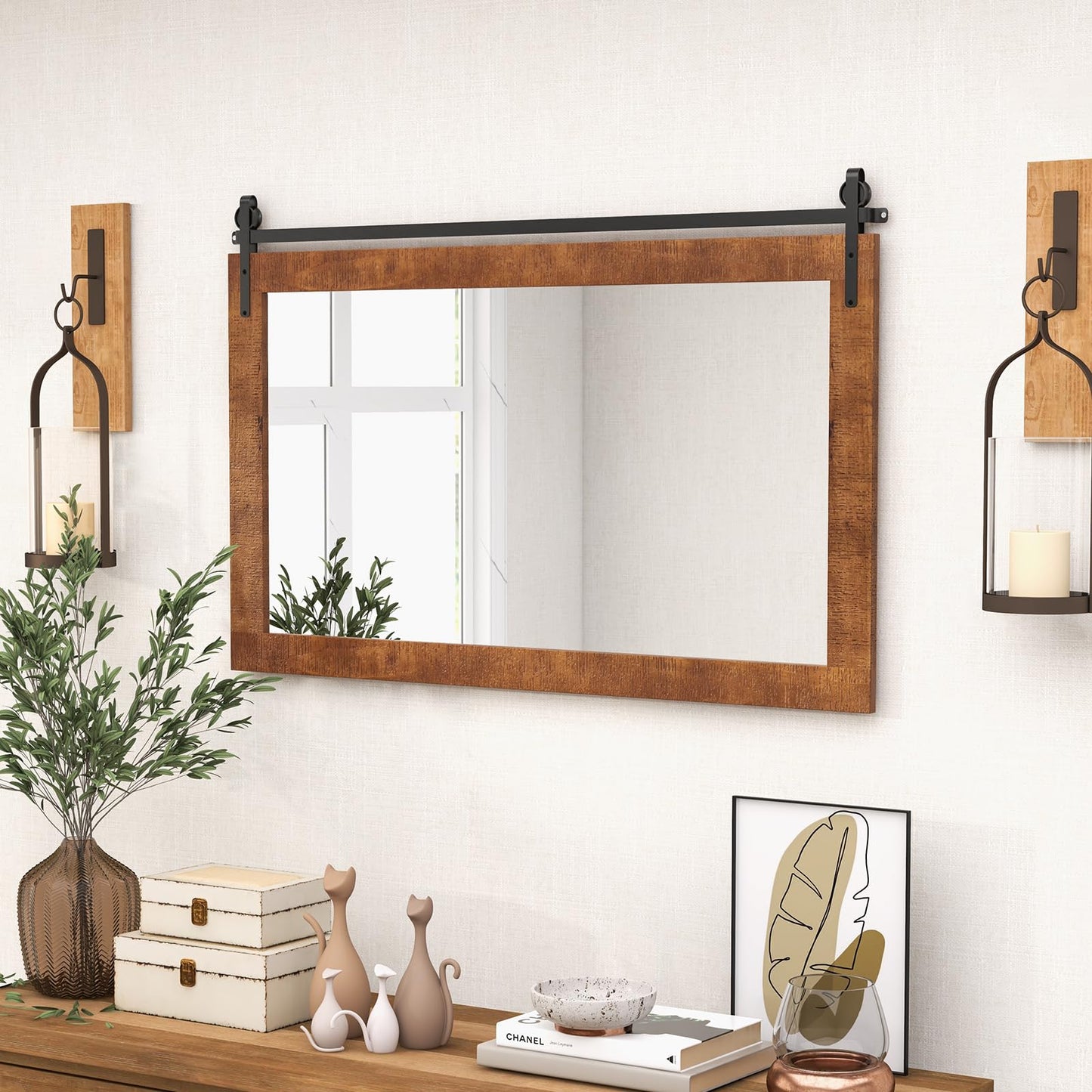 Farmhouse Bathroom Wall Mirror with Fir Wood Frame