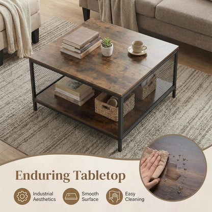 2-Tier Coffee Table, Industrial Square Cocktail Center Table with Open Storage Shelf