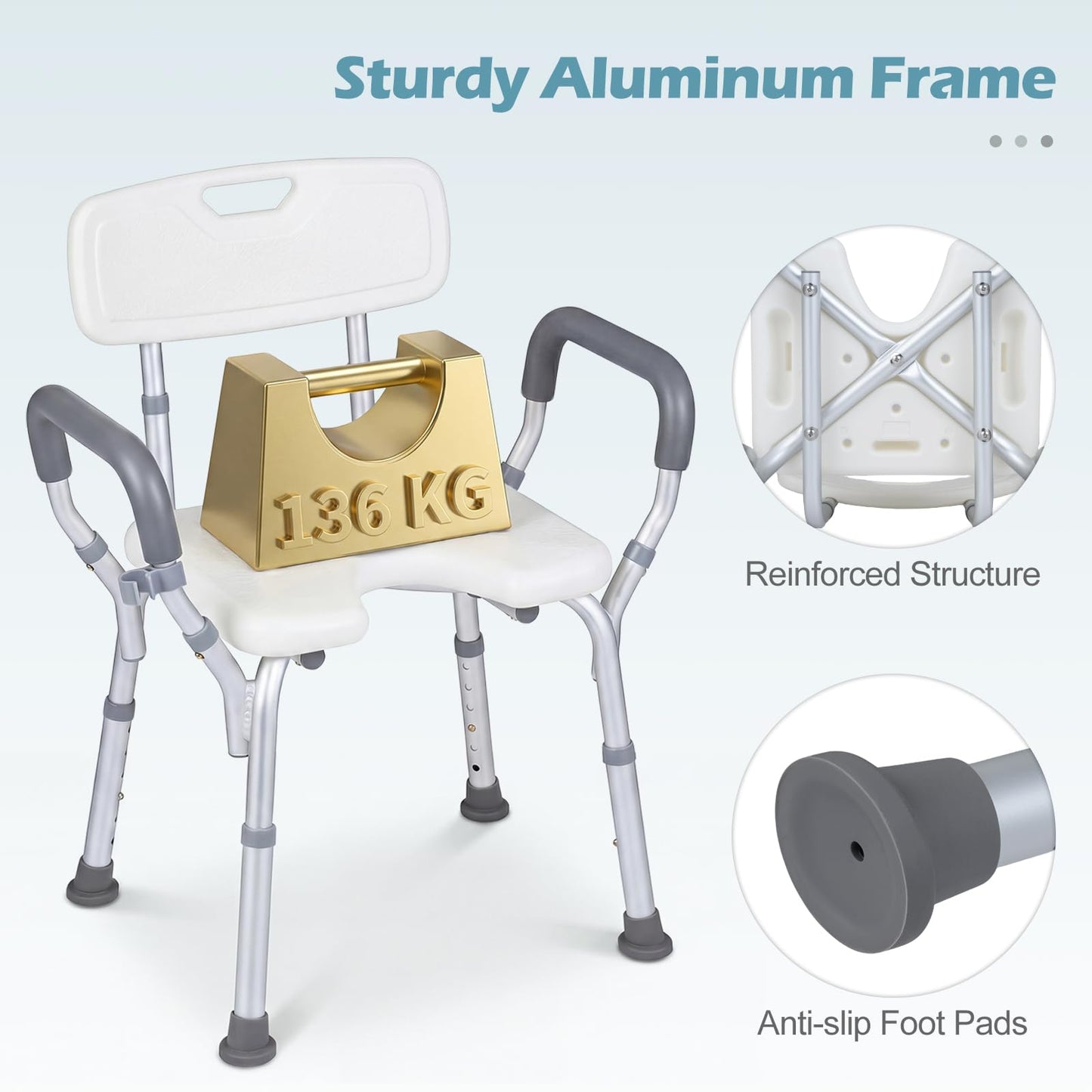 Shower Chair with Back and Arms, 6 Height Adjustable Bath Seat Shower Stool