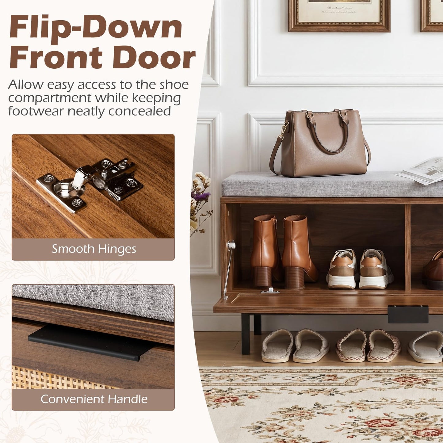 Shoe Storage Bench with Cushion and Flip-Down Rattan Door, Brow