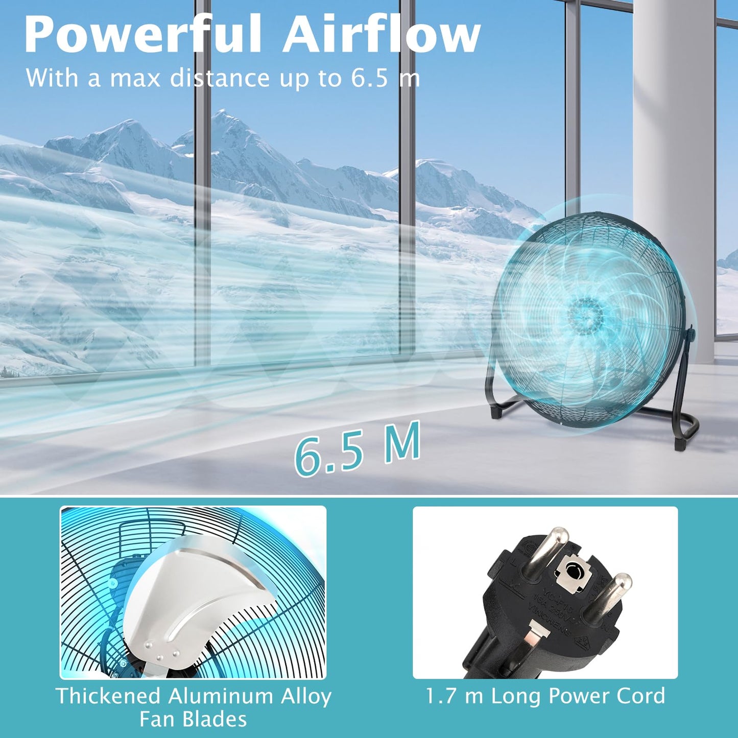 160W High Velocity Floor Fan with 3 Speed and Adjustable Tilting Head