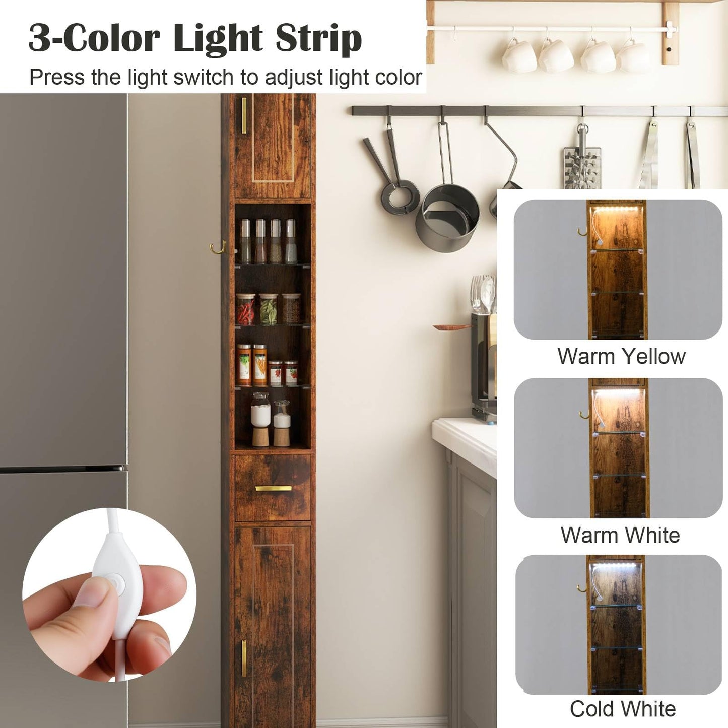 180 cm Tall Bathroom Cabinet Narrow Storage Organizer with 3 Doors and Adjustable Shelves