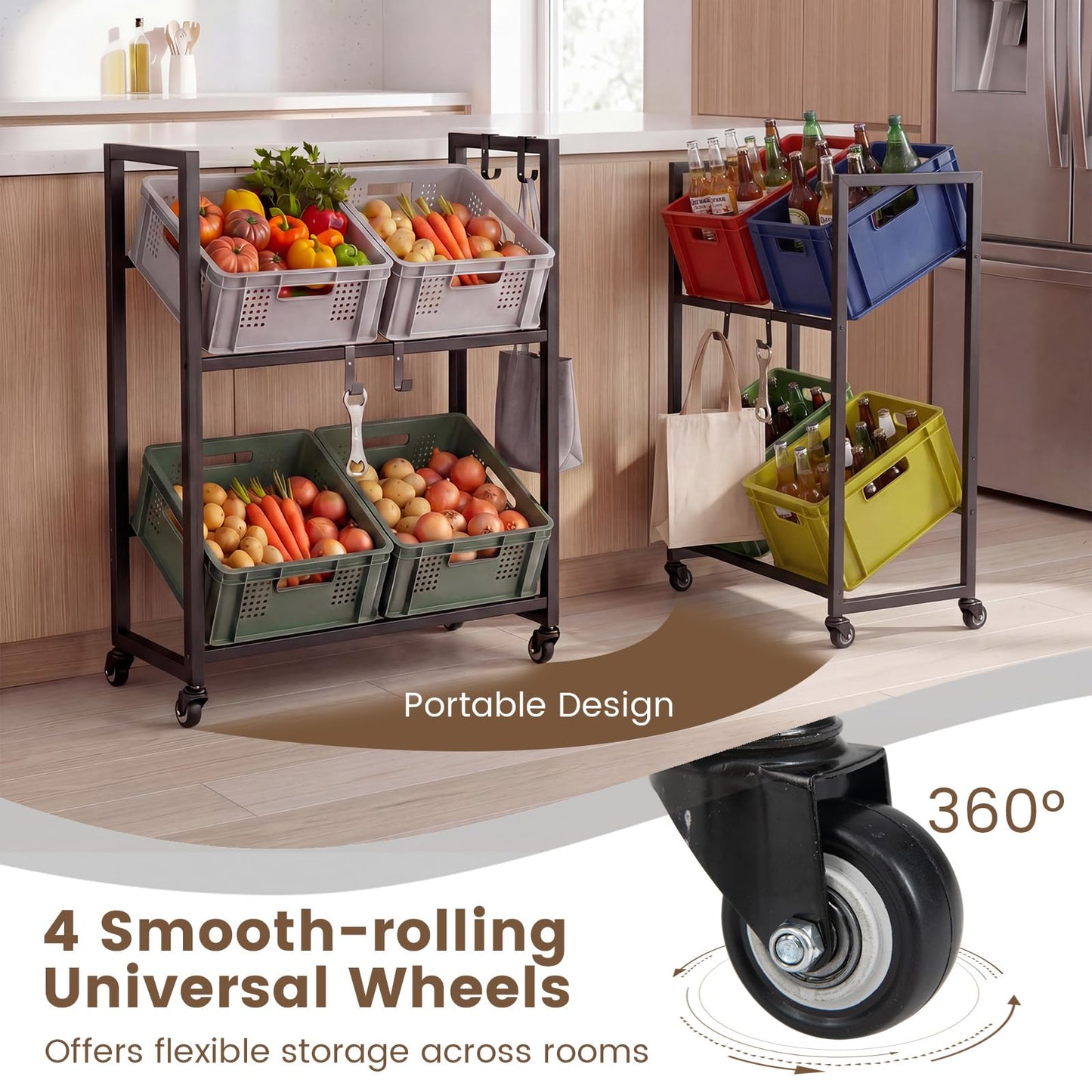 Rolling Drink Crate Rack for 4 Box, Metal Bottle Storage Shelf with 4 Wheels