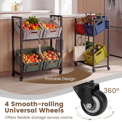 Rolling Drink Crate Rack for 4 Box, Metal Bottle Storage Shelf with 4 Wheels