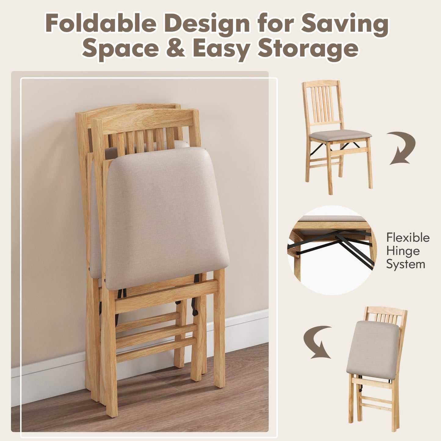Folding Dining Chairs Set of 2 Upholstered Kitchen Chairs with Padded Seat