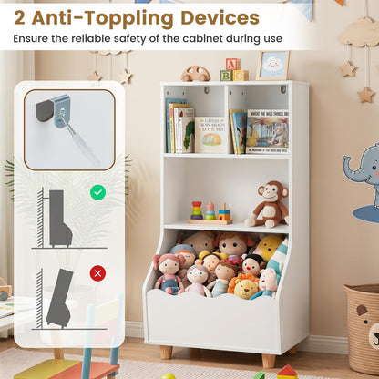3-Tier Wooden Bookshelf with 2 Anti-Toppling Devices Top Surface and 3 Compartments