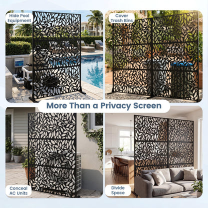Decorative Garden Privacy Screen with Stand, 183x121cm Freestanding Metal Outdoor Divider