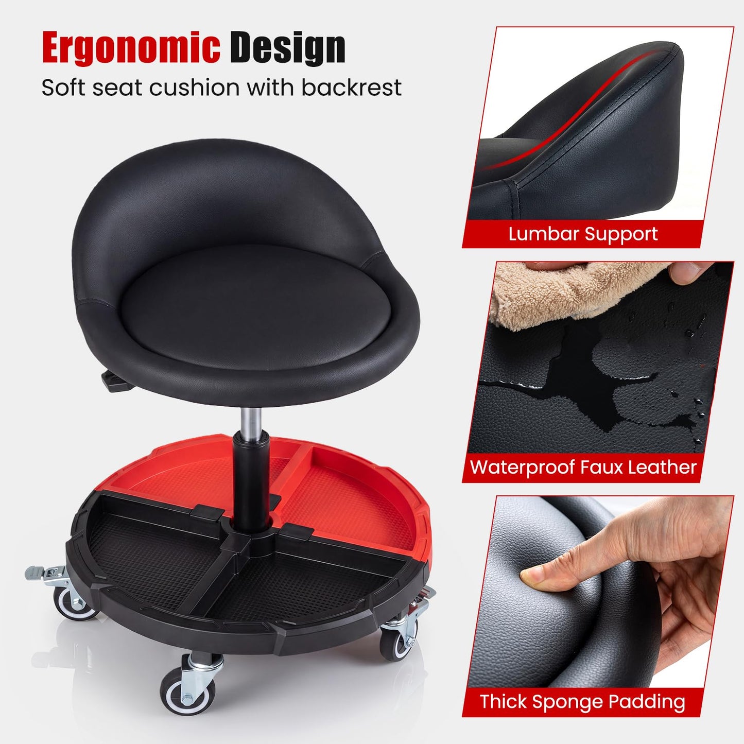 150 KG Max Weight Capacity 360° Rolling Mechanic Stool with Tool Storage Tray Backrest