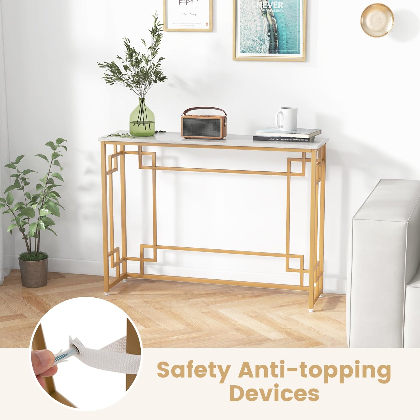 Metal Frame 110cm Long Narrow Accent Sofa Side Table for Hallway