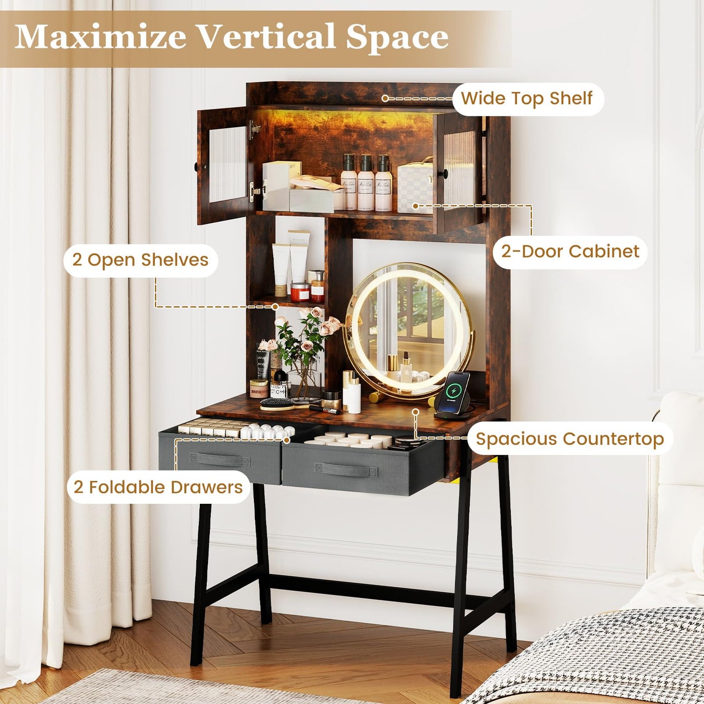 Dressing Table with 360° Rotation LED Vanity Mirror, Makeup Table Vanity Desk