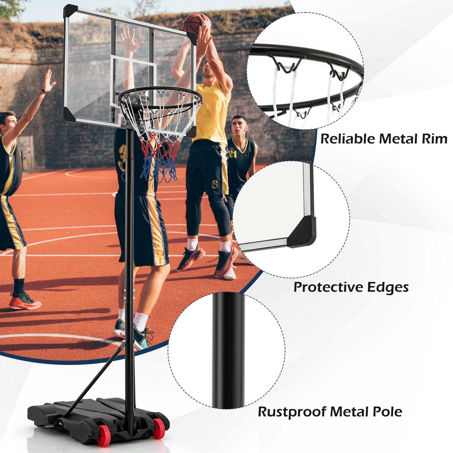 223-253 cm Portable Basketball Hoop with Front Wheels and Fillable Base