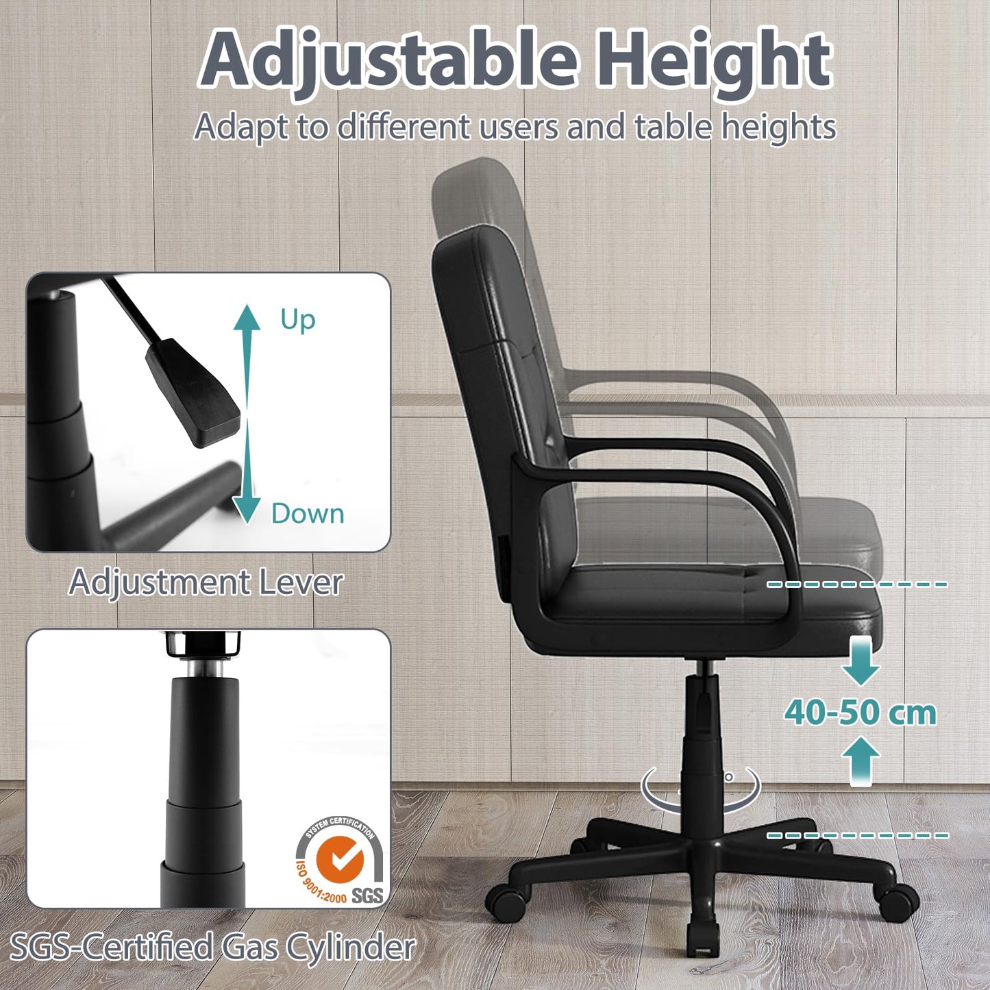 Leather Office Chair PU Upholstered Swivel Chair with Ergonomic Back and Curved Armrests