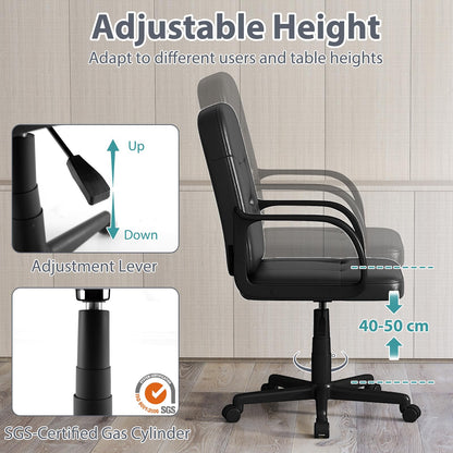 Leather Office Chair PU Upholstered Swivel Chair with Ergonomic Back and Curved Armrests