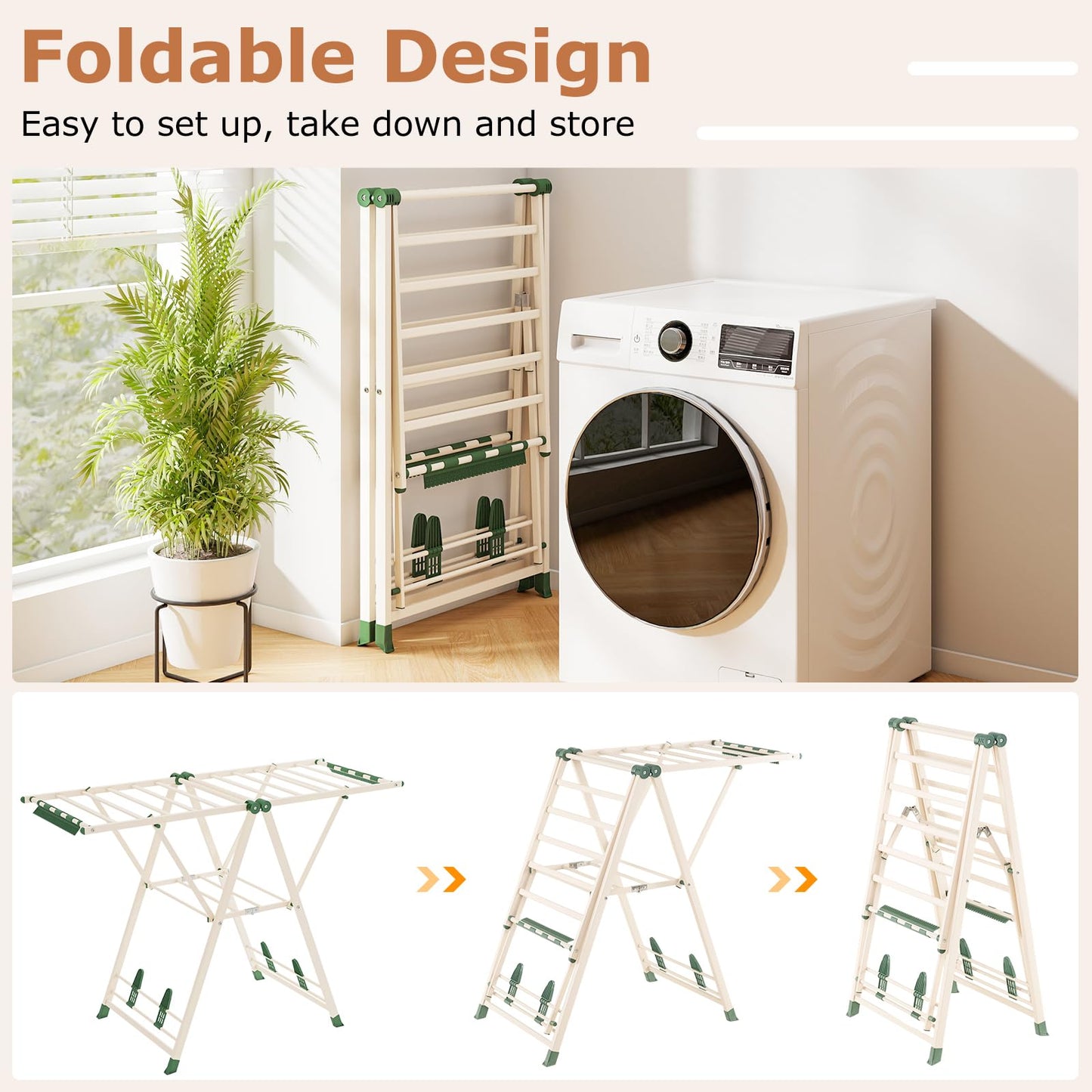 2-Level Foldable Clothes Drying Rack with Height-Adjustable Wings