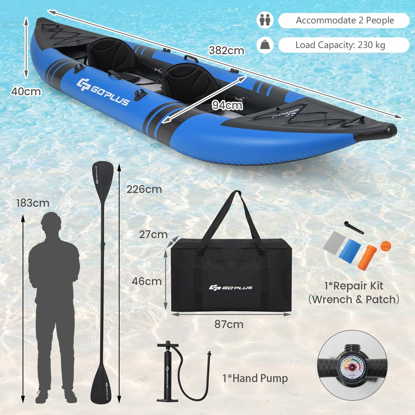 2 Person Inflatable Kayak Set with Aluminum Oars and Padded Seat