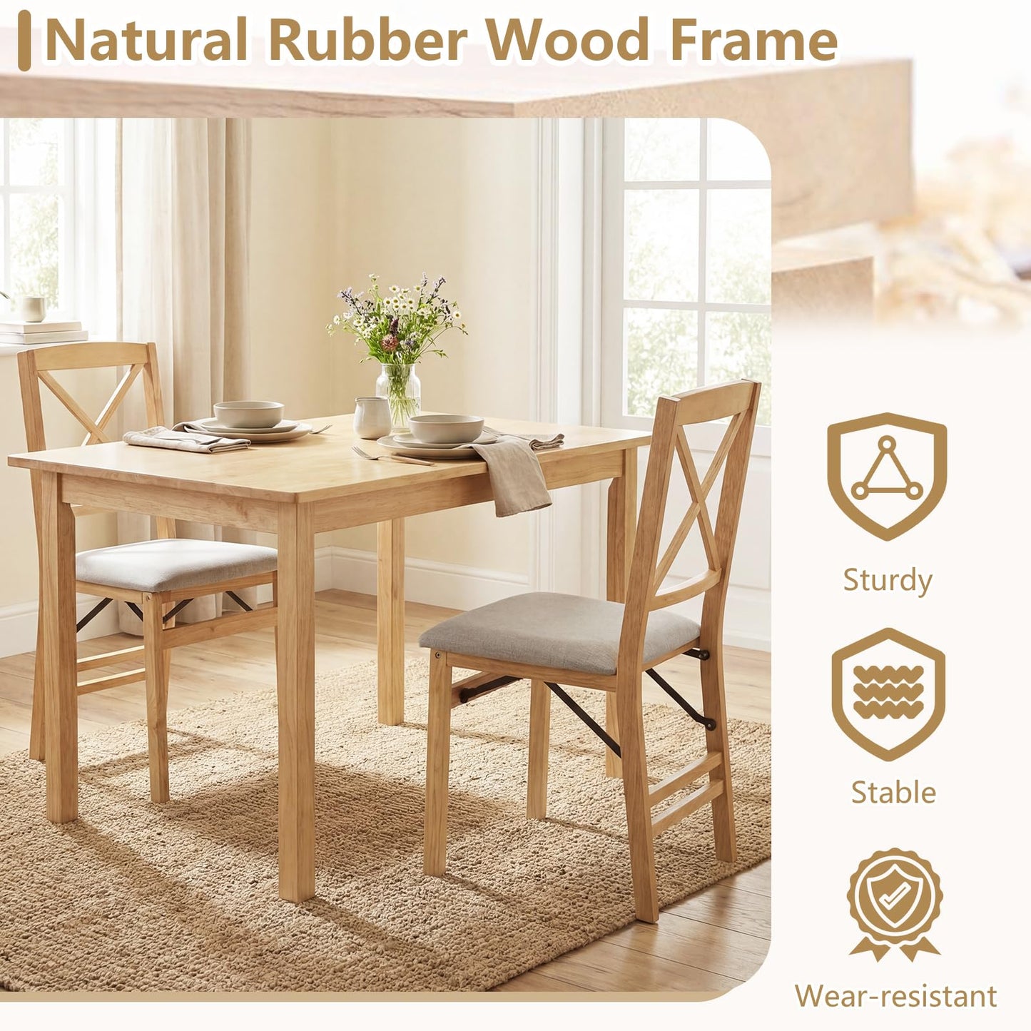 Padded Folding Chair Set of 2/4, Rubber Wood Counter Dining Chairs with Backrest