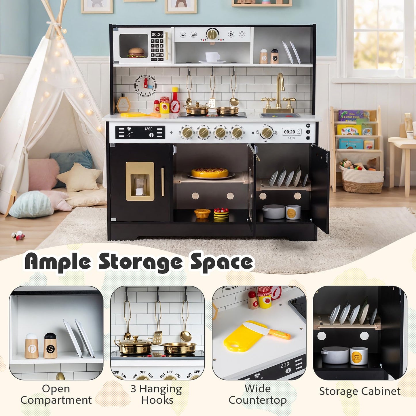 Kids Play Kitchen, Wooden Pretend Toy Kitchen with Realistic Lights & Sounds