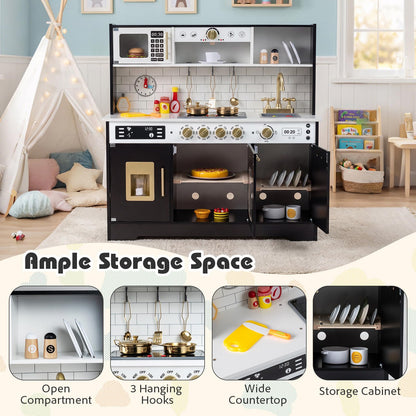 Kids Play Kitchen, Wooden Pretend Toy Kitchen with Realistic Lights & Sounds