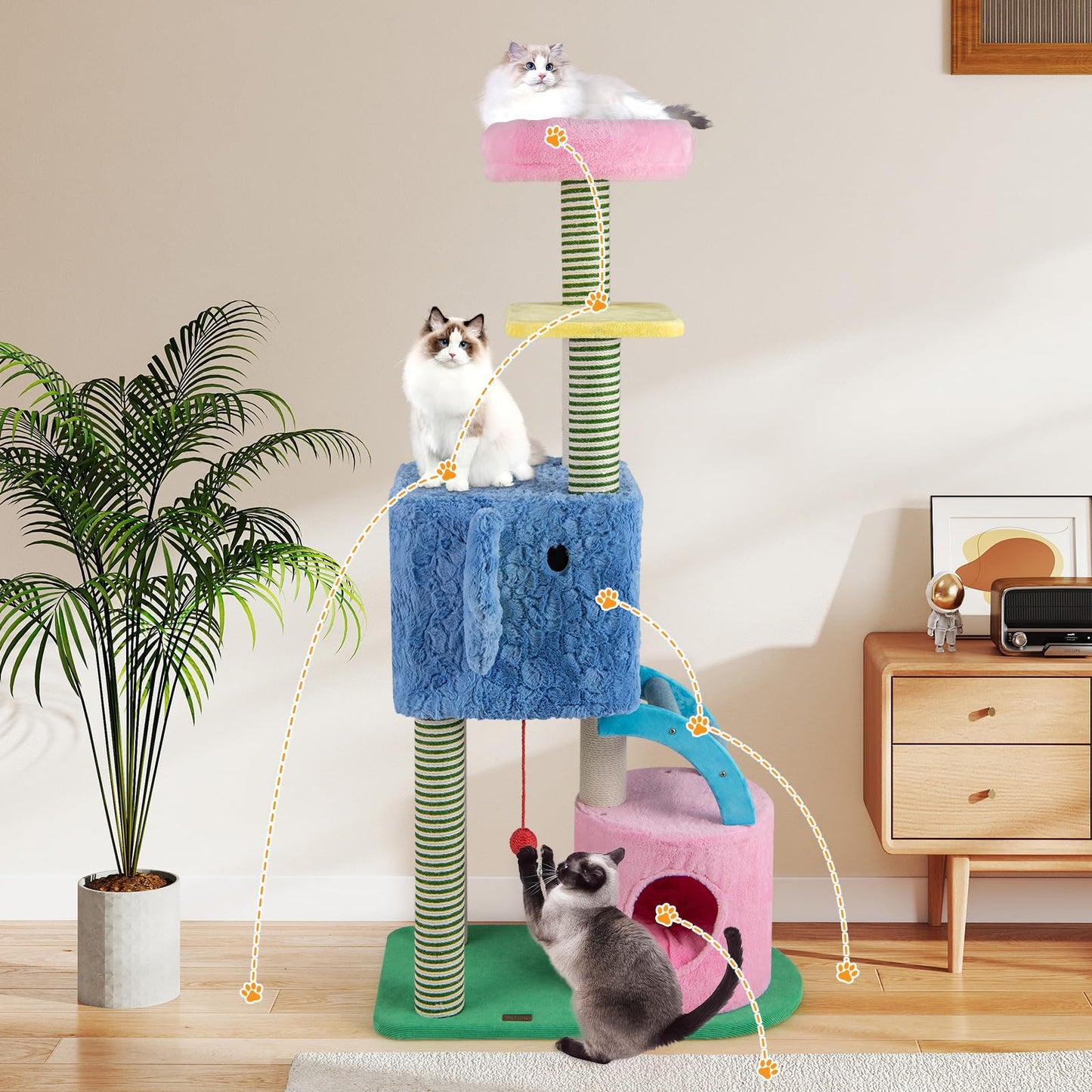 Elephant Themed Cat Tree for Cats with Condos and Padded Perch