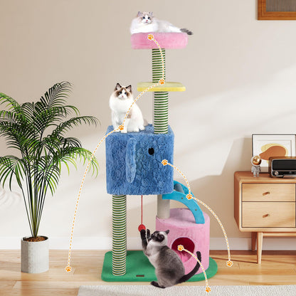 Elephant Themed Cat Tree for Cats with Condos and Padded Perch
