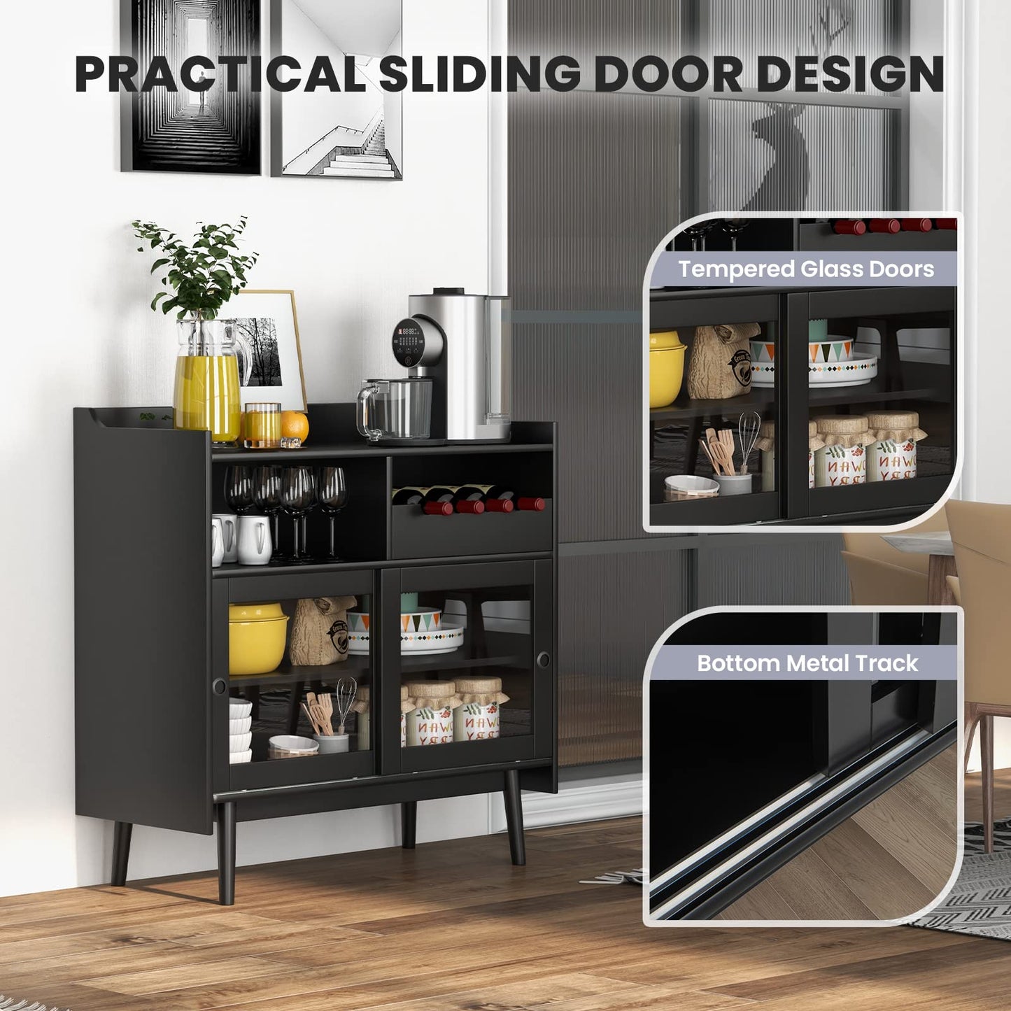 Buffet Sideboard with 2 Sliding Tempered Glass Doors