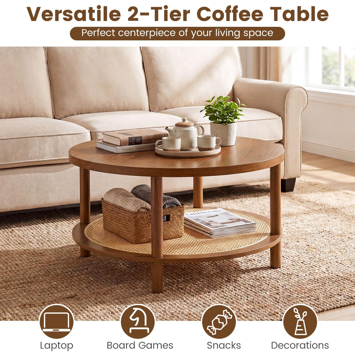2-Tier Round Coffee Table with Rattan Storage Shelf, Rubber Wood