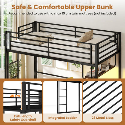 Metal Bunk Bed with Desk, RGB LED Lights, Charging Station